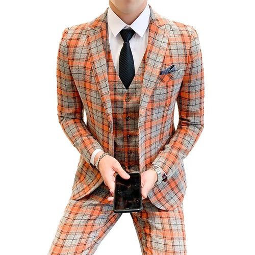 ( Jackets + Vest + Pants ) New Fashion Boutique Plaid Mens Casual Business Suit Groom Wedding Dress Suit 3pces Set Male Blazer - Luxurymenwear
