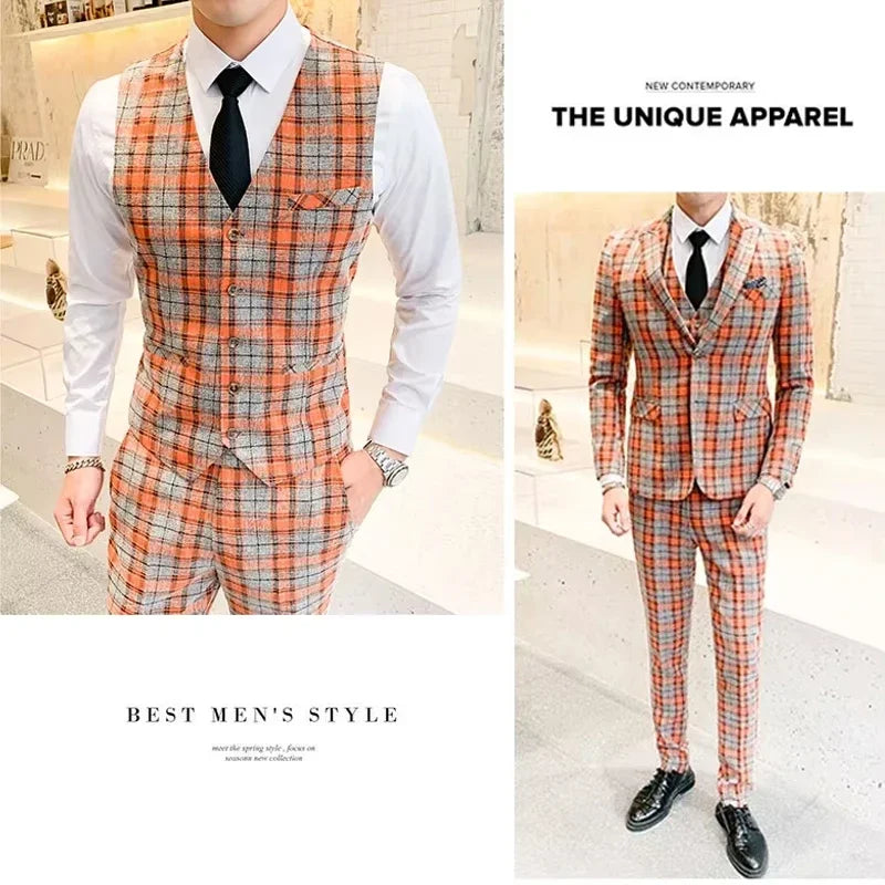 ( Jackets + Vest + Pants ) New Fashion Boutique Plaid Mens Casual Business Suit Groom Wedding Dress Suit 3pces Set Male Blazer - Luxurymenwear