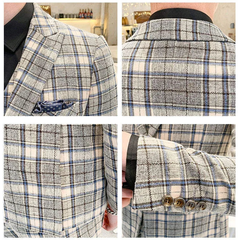 ( Jackets + Vest + Pants ) New Fashion Boutique Plaid Mens Casual Business Suit Groom Wedding Dress Suit 3pces Set Male Blazer - Luxurymenwear