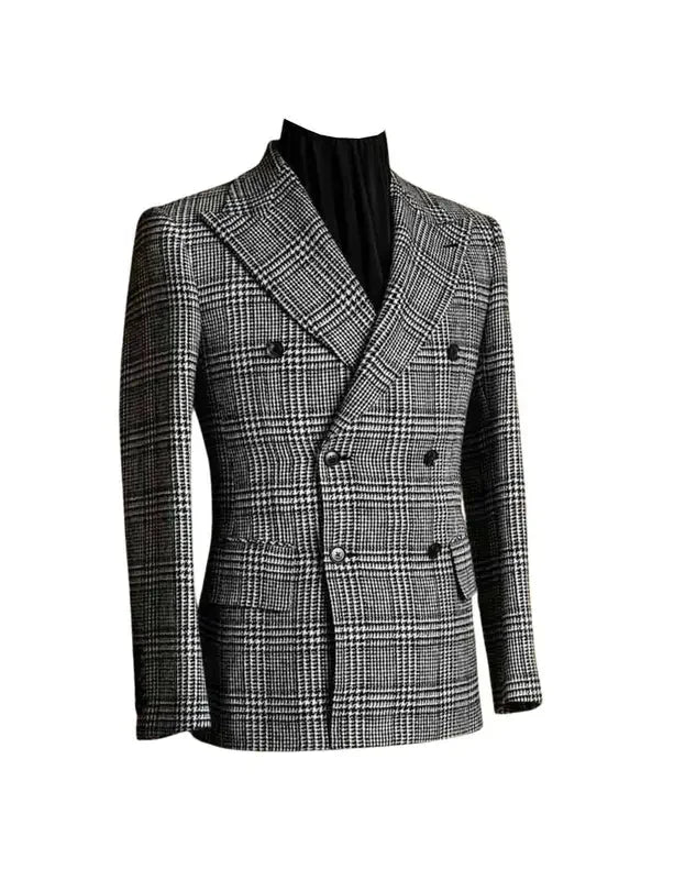 1 Pc Check Men Blazer for Wedding/Business Party Plaid Peak Lapel Double Breasted Houndstooth Suit Jacket Male Fashion Coat - Luxurymenwear