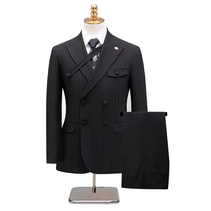 ( Jacket + Vest + Pants ) Prom Groom Tuxedos Latest Designs Male Wedding Suits 3Pcs Set Men's Striped Casual Business Suit - Luxurymenwear